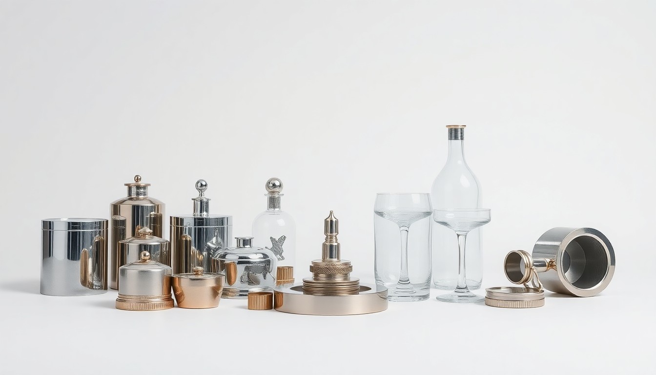 A photorealistic studio still life featuring a collection of shiny metal and glass objects arranged on a plain background, symbolizing the complex considerations surrounding the proposed hydroelectric dam sale.