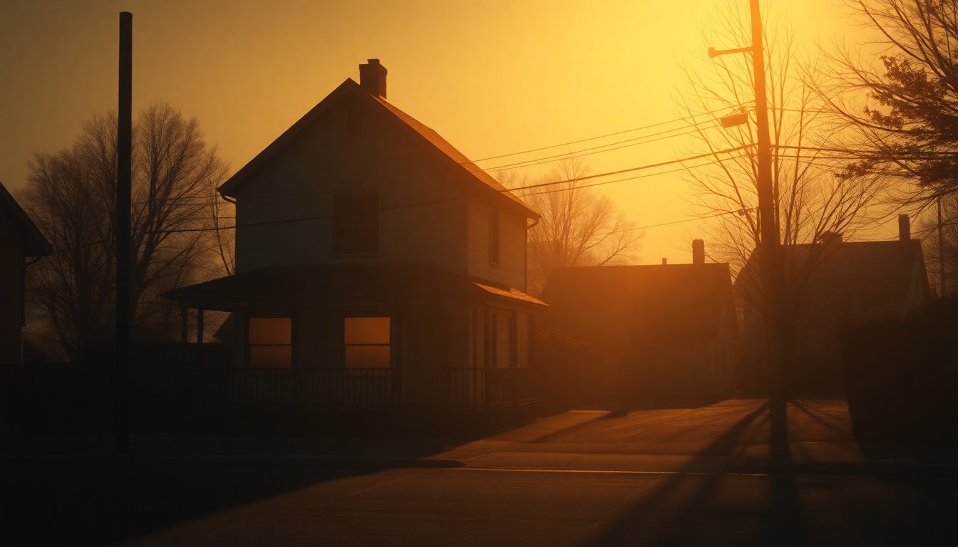 A serene, nostalgic painting of a residential street in soft, warm tones, capturing the quiet essence of a community impacted by rising property taxes.