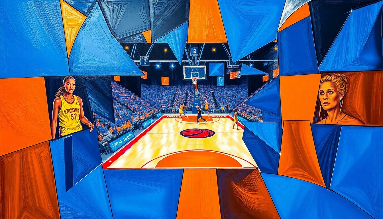 A cubist, geometric painting depicting a WNBA basketball game, with the players and court broken down into sharp, overlapping planes of color, capturing the dynamic energy of the sport.