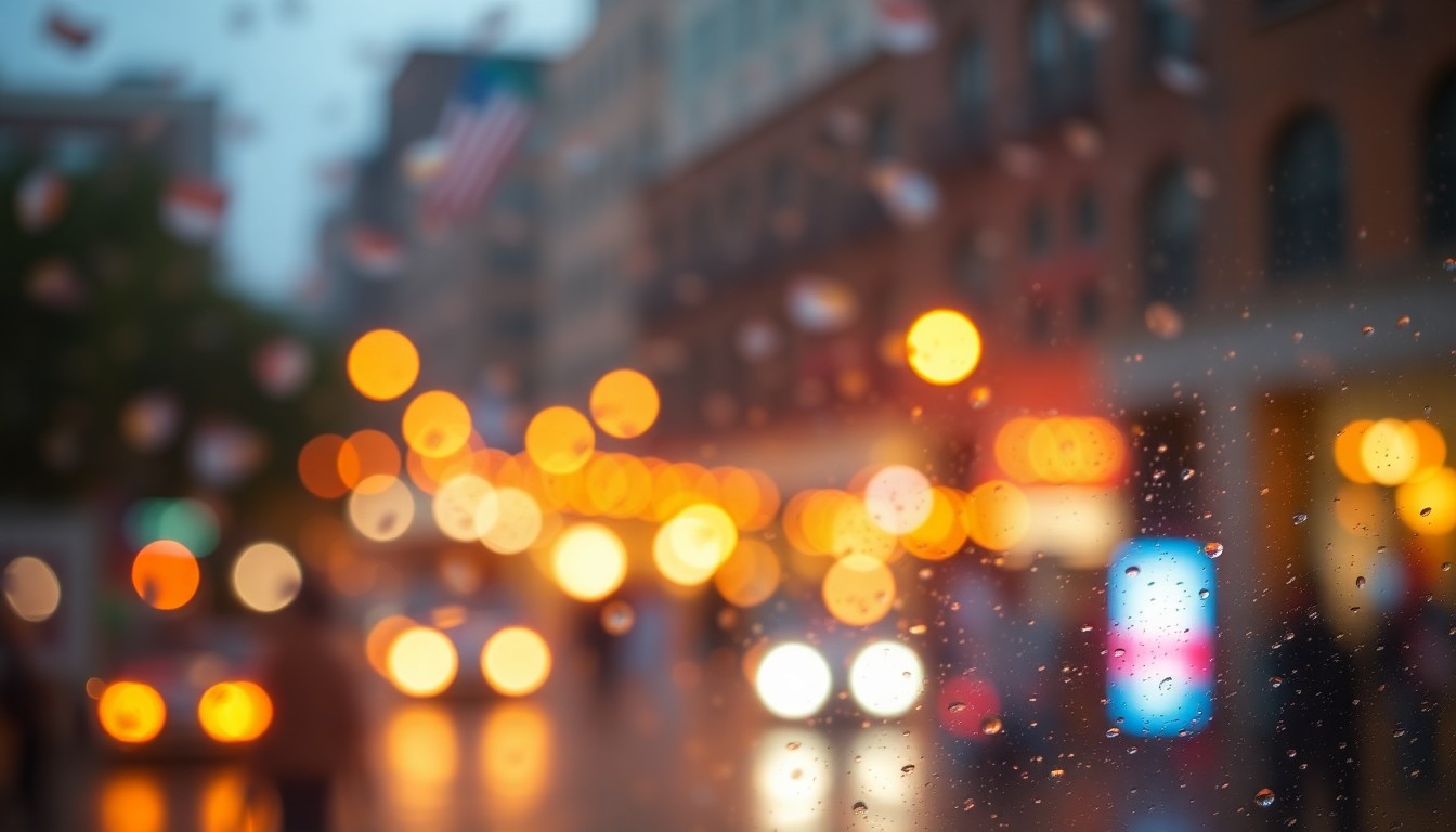 An abstract, impressionistic scene of soft, blurred lights and colors, conveying the warm, welcoming atmosphere of a community gathering to discuss the future of a downtown neighborhood.