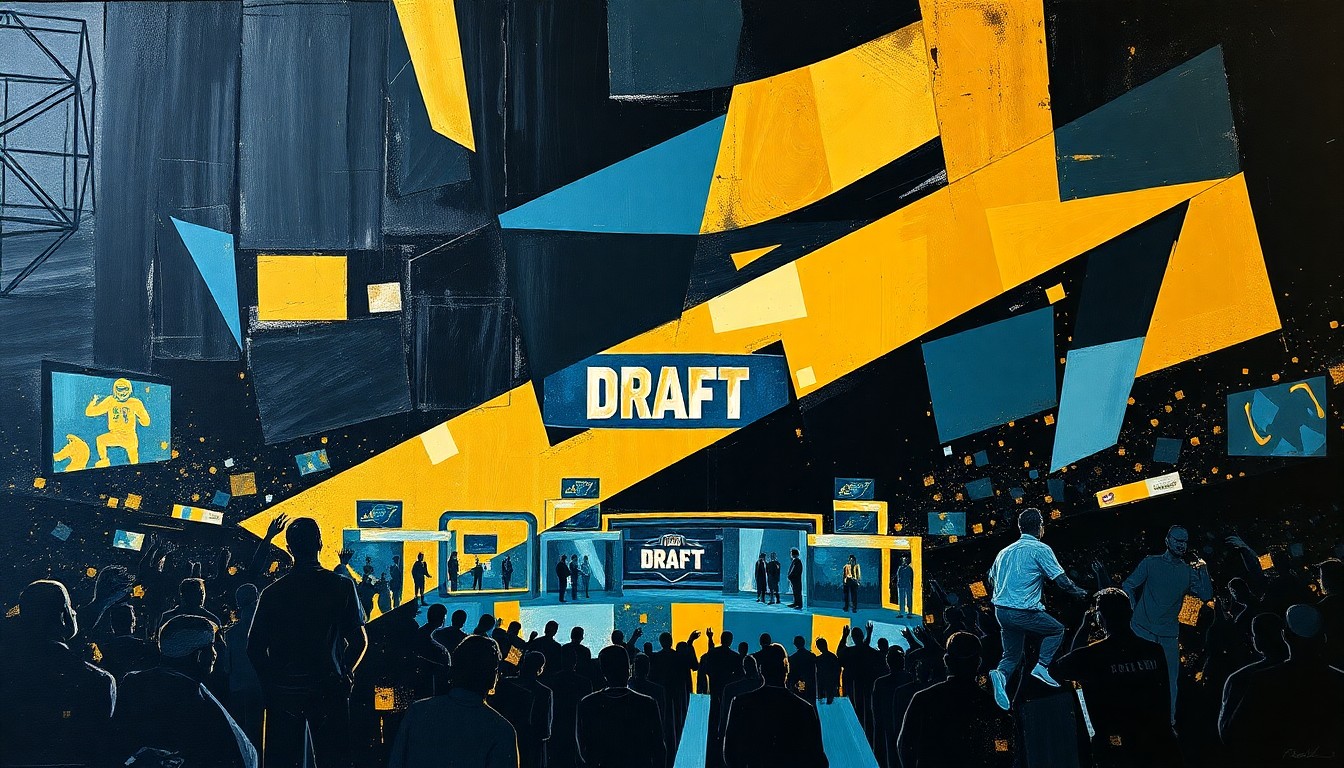 A cubist, geometric painting depicting a fragmented, multi-angled view of a football draft event, with sharp planes of black, gold, and steel blue.