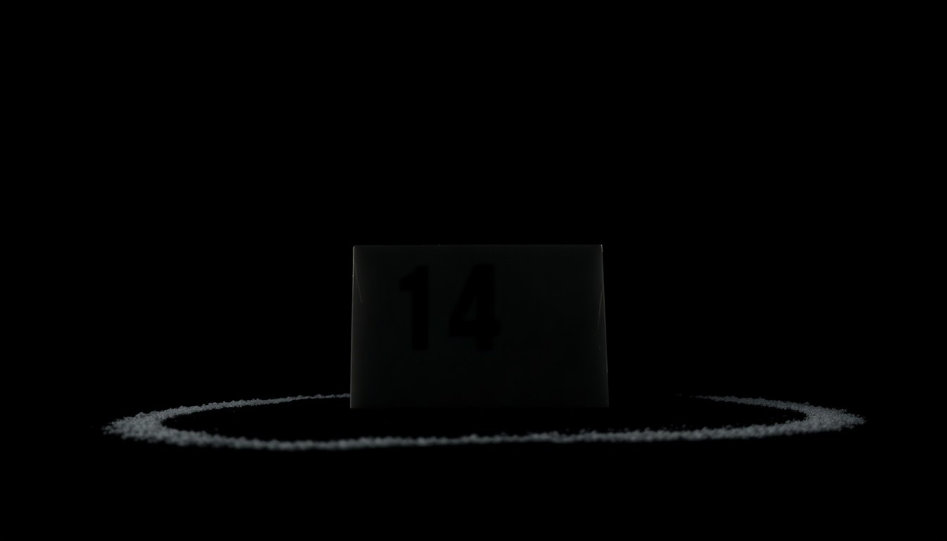 An extreme close-up photograph of a single police evidence marker, such as a numbered placard or chalk outline, lit by a harsh, direct camera flash against a pitch-black background, creating a stark, gritty, investigative aesthetic.