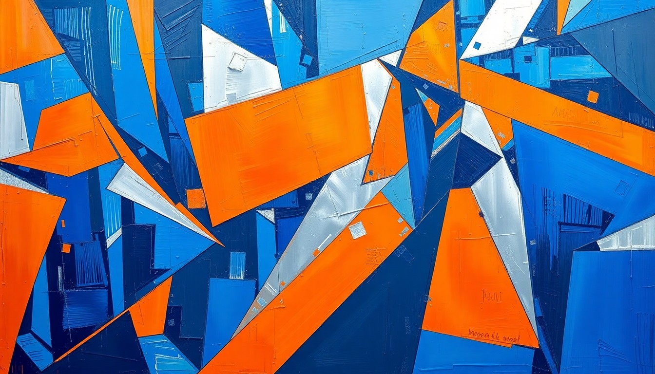 A fragmented, cubist-style painting depicting the intense physical action and competitive energy of a college basketball championship game, with sharp geometric shapes and planes of deep blue, bright orange, and metallic silver hues.