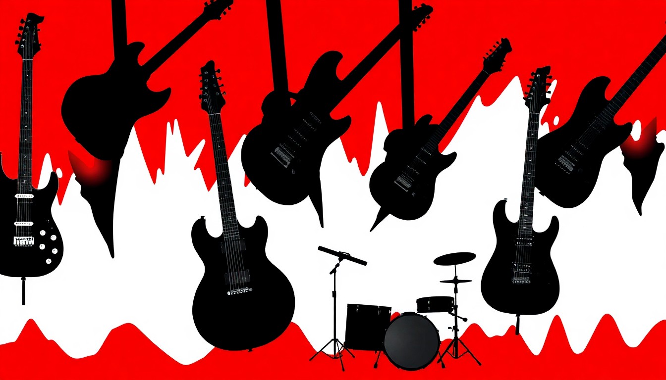 A striking, abstract illustration featuring black silhouettes of rock music instruments and equipment against a bold red and white background, conceptually representing the high-energy performance of the band Dexter and The Moonrocks.