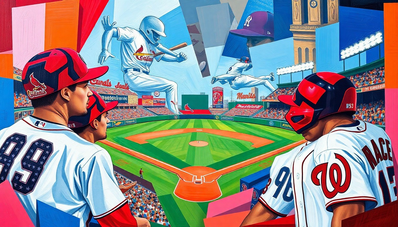 A cubist-style painting featuring sharp, overlapping geometric shapes in the team colors of the Cardinals and Nationals, conceptually representing the action and excitement of a baseball game.