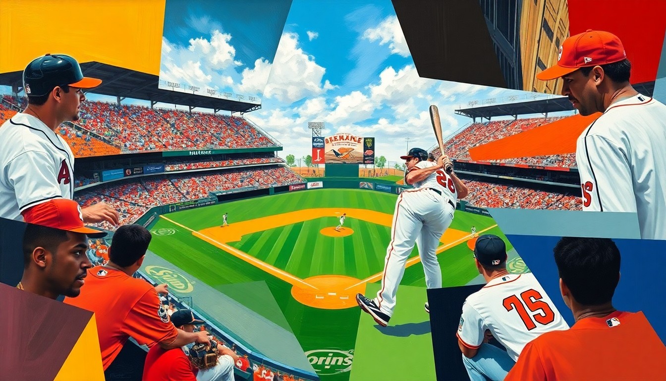 A cubist, geometric painting depicting a fractured baseball game, with overlapping planes of color representing the White Sox and Orioles uniforms in a dynamic, abstract composition.