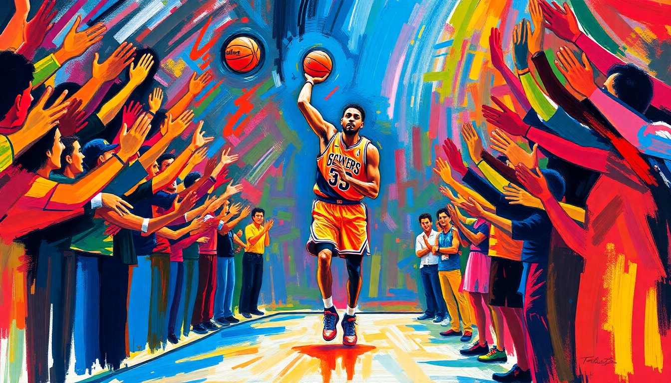 An abstract, textured painting in bright neon colors, with sweeping brushstrokes that evoke the energy and excitement of a basketball player being introduced to a cheering crowd.