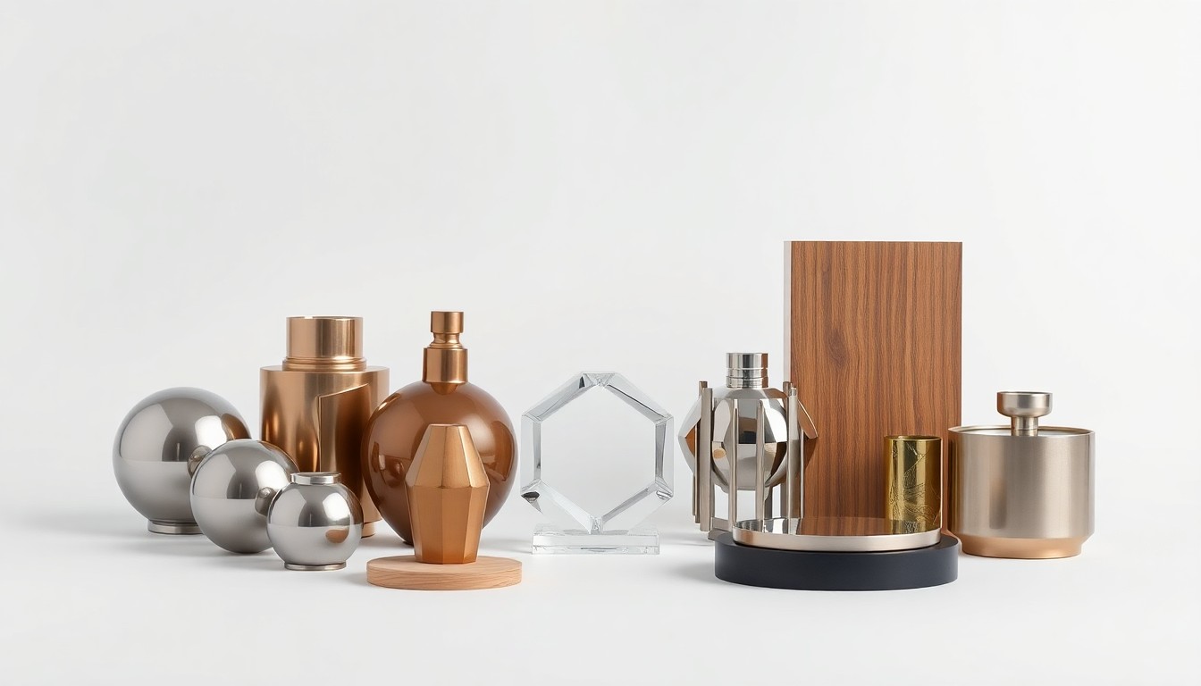 A minimalist, photorealistic studio still-life featuring a collection of polished, geometric objects arranged on a clean, monochromatic background, symbolizing the various aspects of downtown development and community-building that A.J. Robinson has championed during his tenure at Central Atlanta Progress.