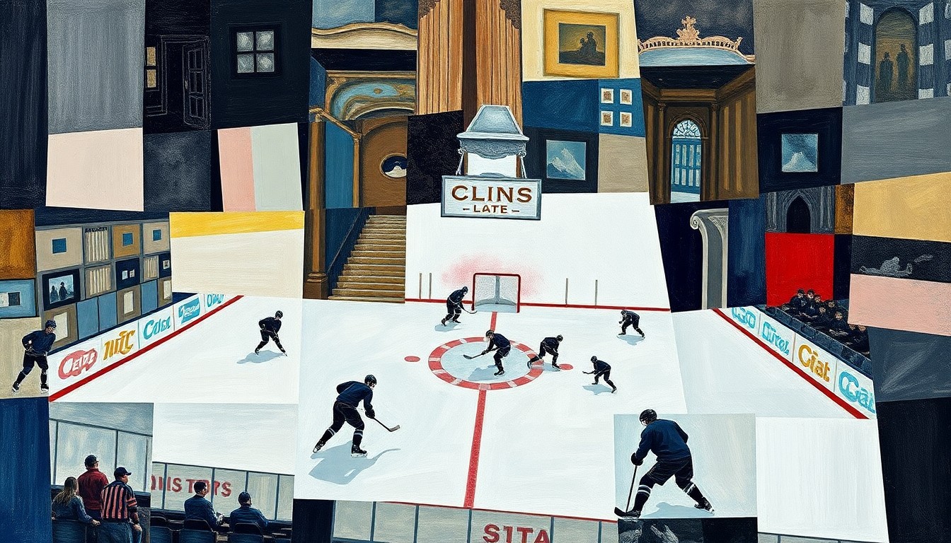 A cubist, geometric illustration depicting a fragmented hockey rink and players, conveying the disjointed state of the Seattle Kraken organization.