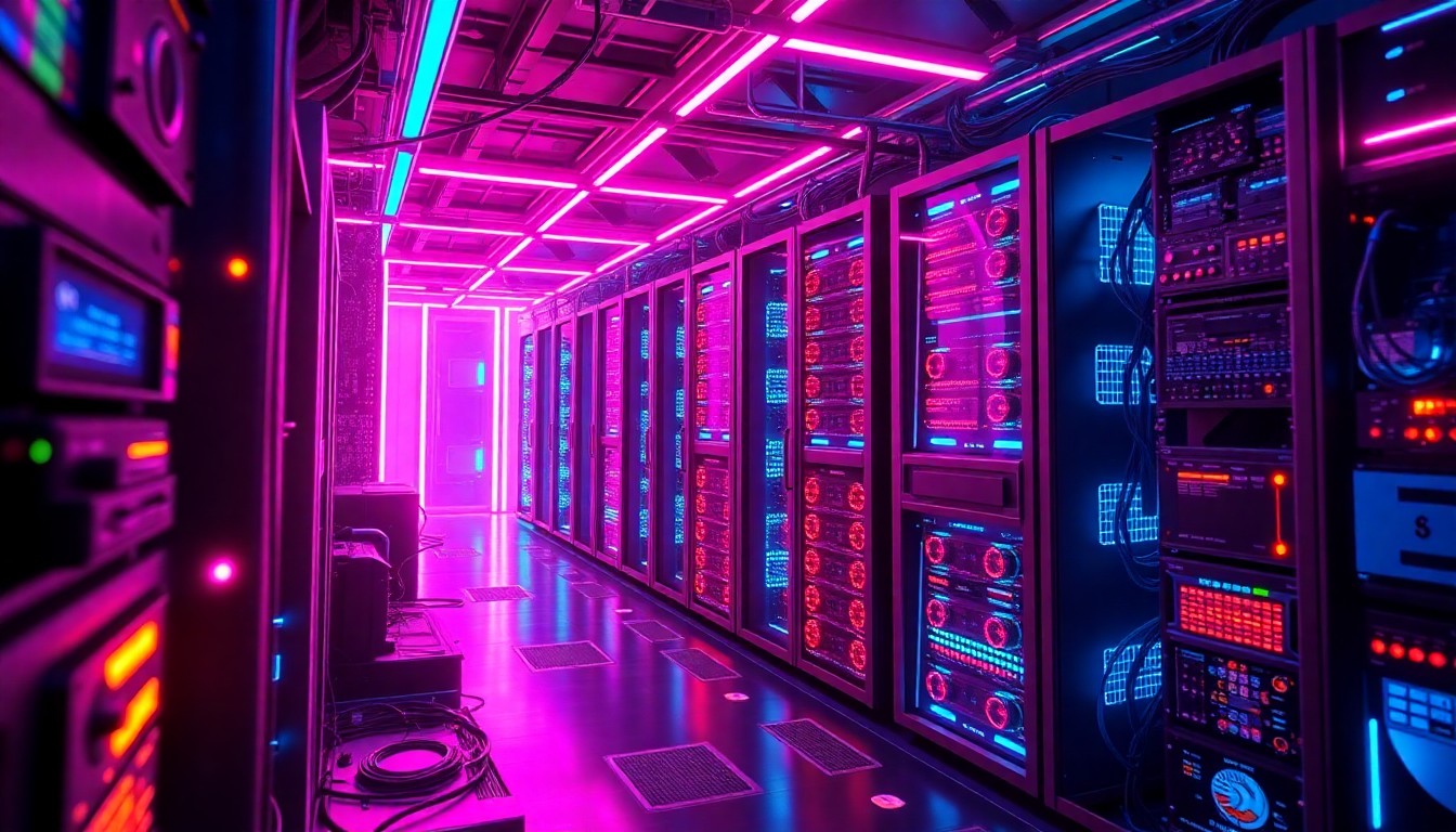 A highly detailed 3D illustration of glowing, neon-lit cybersecurity infrastructure and hardware, representing the complex legal and technological battle between an AI company and the U.S. government. The image features recognizable digital components like circuit boards, server racks, and data cables, all illuminated by vivid cyan and magenta lights.