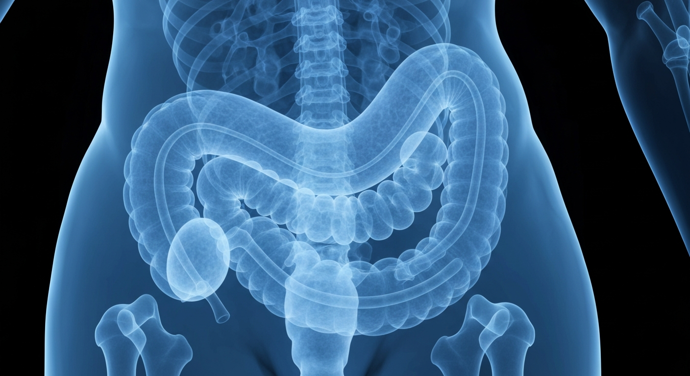 A ghostly, translucent X-ray photograph revealing the intricate internal structures of the human digestive system, conceptually representing the complex biological processes involved in weight management.