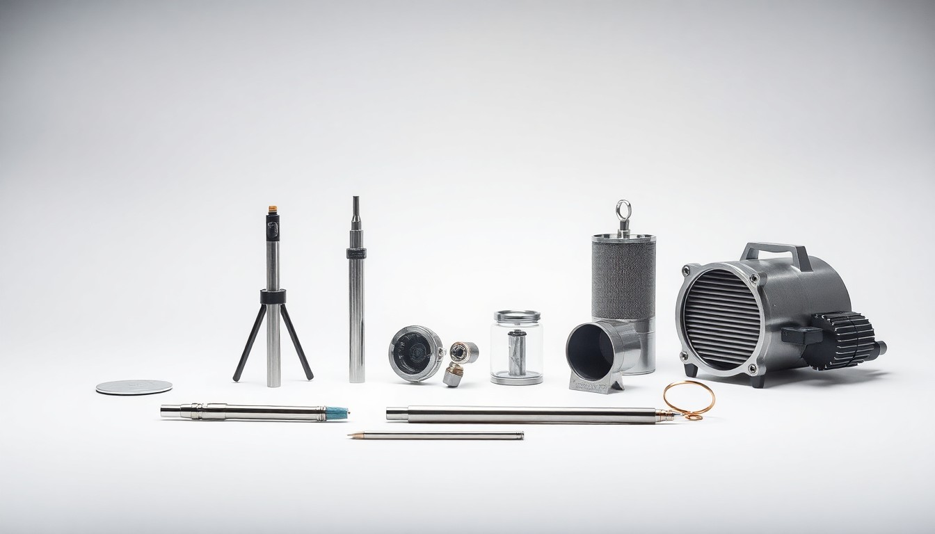 A high-end, photorealistic studio still-life photograph featuring a collection of sleek, polished welding tools and air filtration equipment arranged elegantly on a clean, monochromatic seamless background, conceptually representing the advanced technology and precision engineering behind Precision Welding Group's solutions.
