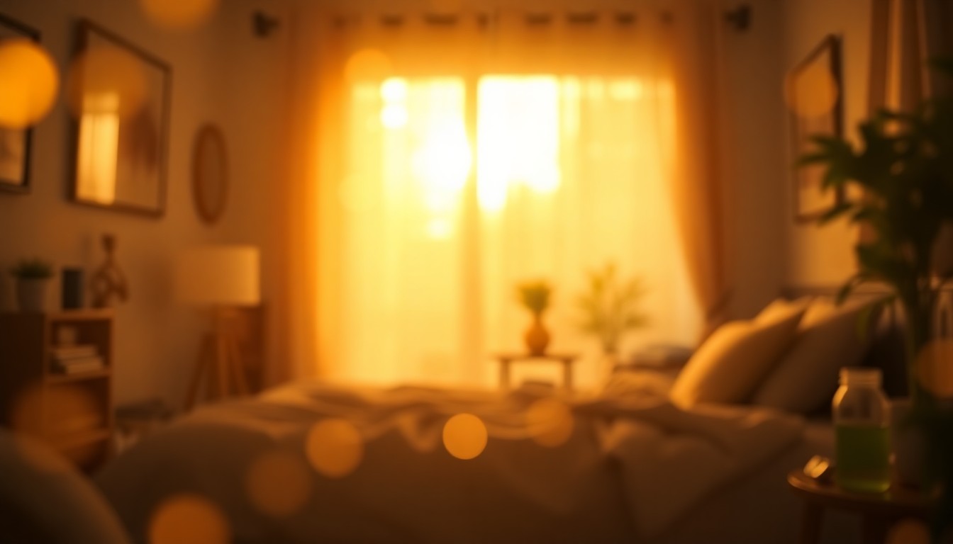 An abstract, impressionistic scene of soft, blurred light and color, conveying the intimate, caring atmosphere of in-home senior care.
