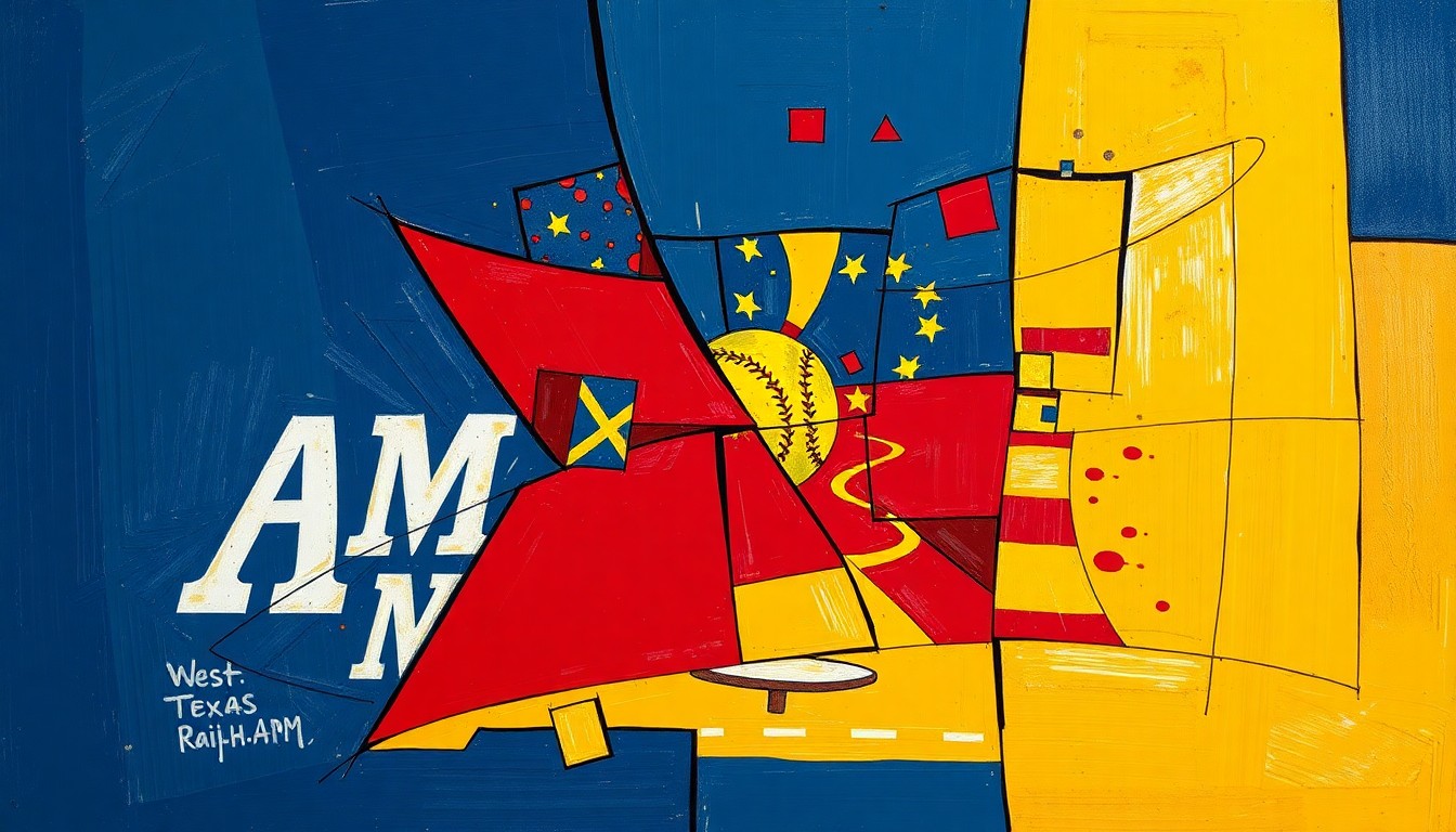 A fragmented, geometric painting depicting the dynamic action of a college softball game, with sharp planes of navy, crimson, and gold representing the competitive energy of the two teams.