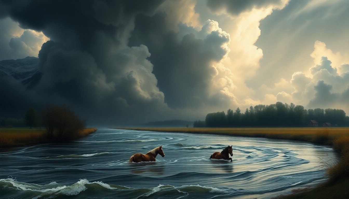 A sweeping, atmospheric landscape painting depicting a partially submerged horse struggling to stay afloat in a raging, flooded creek, surrounded by towering storm clouds that dwarf the animal, conveying the overwhelming power of nature.