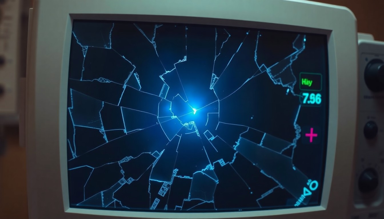 An abstract, high-contrast close-up photograph of a shattered medical monitor screen, reflecting a faint blue light and conveying the fragility and uncertainty surrounding the health crisis facing the Chicago Med character Dr. Charles.