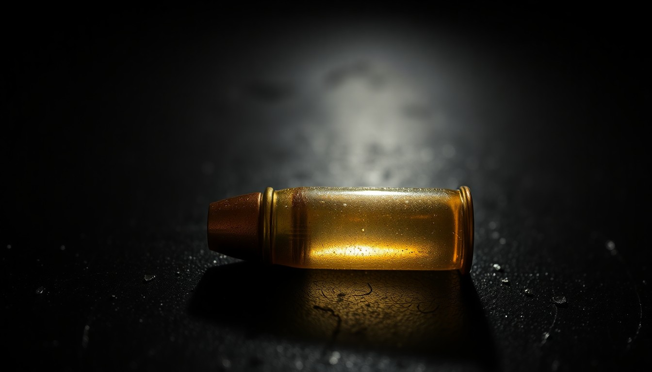An extreme close-up photograph of a spent bullet casing on a dark, textured surface, lit by a harsh, direct camera flash, conceptually illustrating the violence of the crime scene.