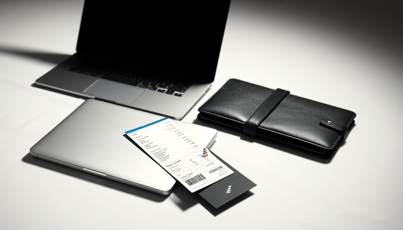 A photorealistic studio still life featuring a laptop, an American Airlines boarding pass, and a leather expense report folder, symbolizing the integration of travel and expense management technology.
