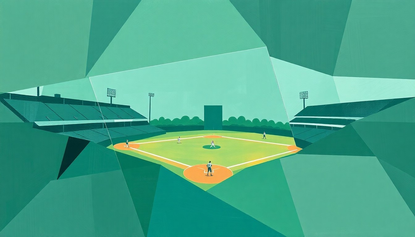 A cubist, geometric painting depicting a fragmented, multi-angled view of a college softball game, with muted colors and sharp, overlapping shapes representing the disruption caused by a team bus accident.