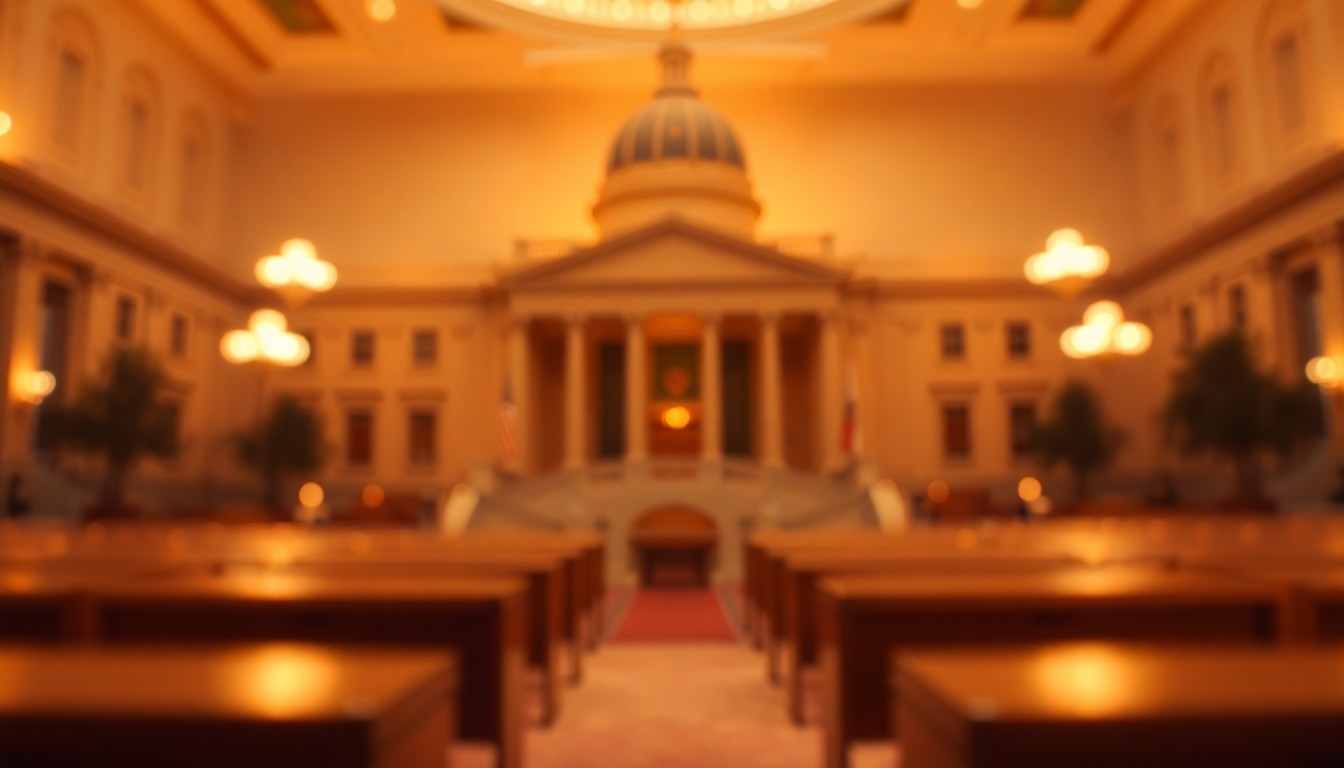 An extremely abstracted, out-of-focus photograph of a government building, composed entirely of soft, warm pools of light and color, conceptually representing the legislative process and the tensions between education funding and property taxes.