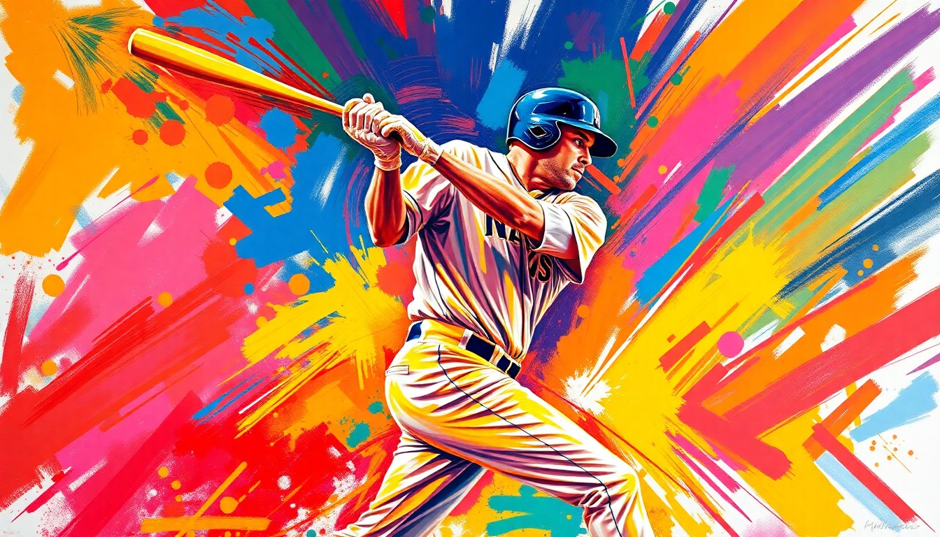 An abstract, textured painting in bright neon colors depicting the powerful swing and explosive energy of a baseball player hitting a home run, conceptually representing the Guardians' offensive outburst.