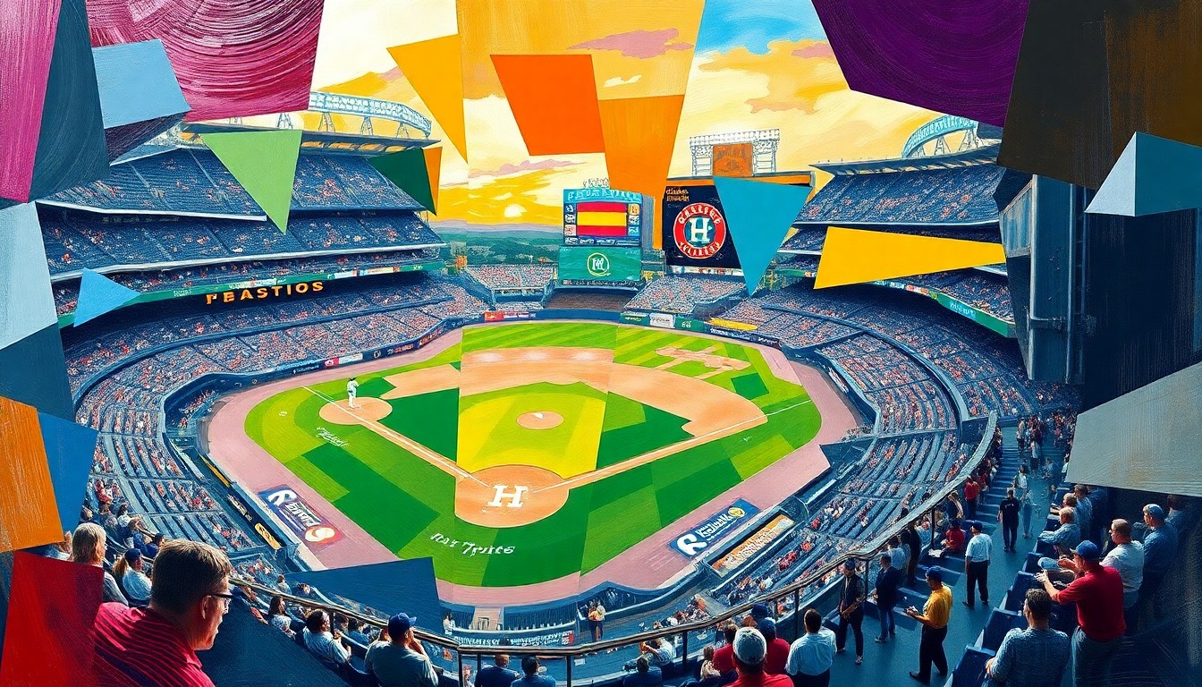 A cubist, geometric painting depicting a baseball game in progress, with the players and field broken down into overlapping, angular shapes and planes in shades of blue, orange, and green.