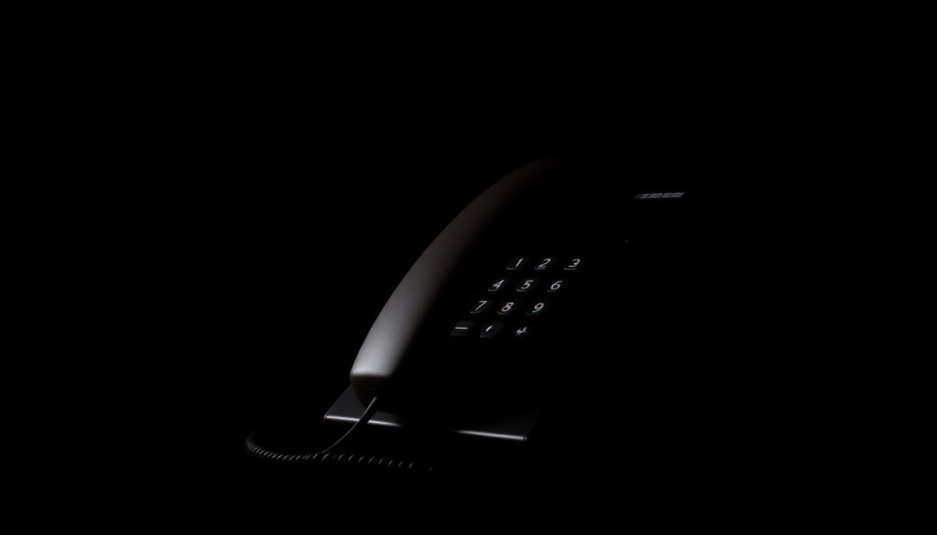 An extreme close-up photograph of a landline telephone handset against a pitch-black background, lit by a harsh, direct camera flash, conceptually representing the threat of a malicious swatting call.