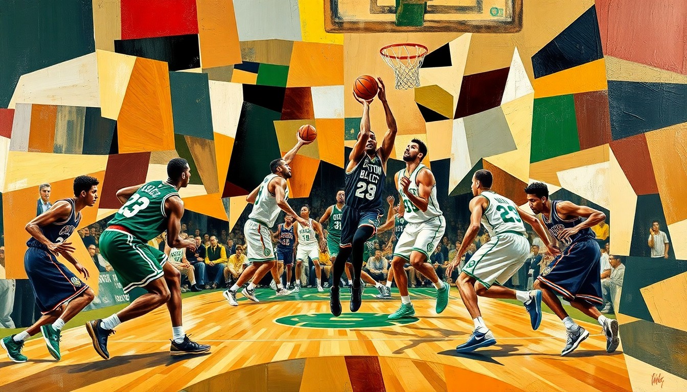 A cubist, geometric painting depicting the dynamic movement and energy of a basketball game, with the players' forms deconstructed and abstracted into sharp, overlapping planes of color and shape.