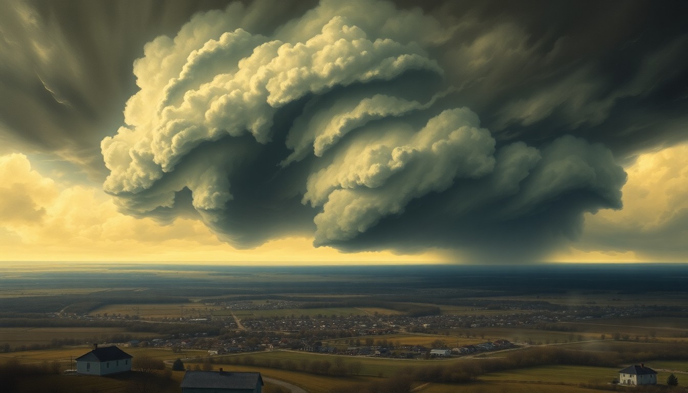 A sweeping, atmospheric landscape painting depicting a massive, swirling storm system dominating the horizon over a small Midwestern town, conveying the overwhelming power and scale of the approaching weather.