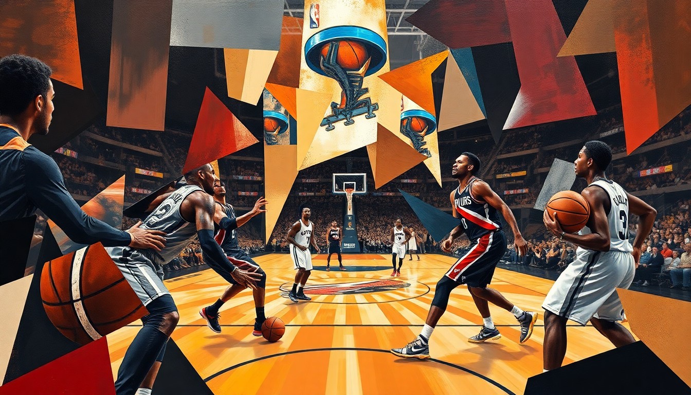 A fractured, geometric painting depicting a basketball game between two teams, with the players' forms broken down into abstract shapes and the court and arena fading into the background, conveying the conceptual impact of a star player's absence.
