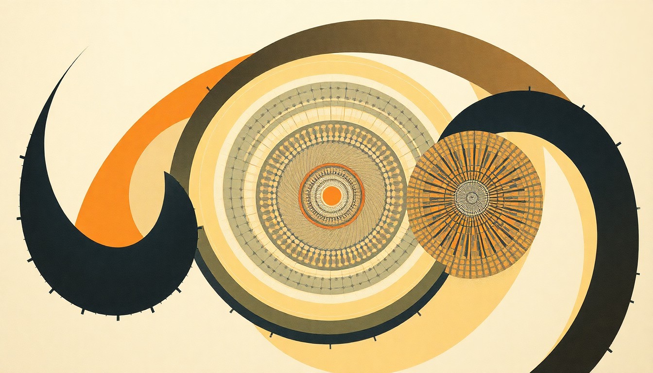 A highly textured, abstract painting in earthy tones of ochre, sage, and indigo, featuring sweeping geometric arcs and precise botanical spirals that conceptually represent the complex nesting and breeding behaviors of falcons.