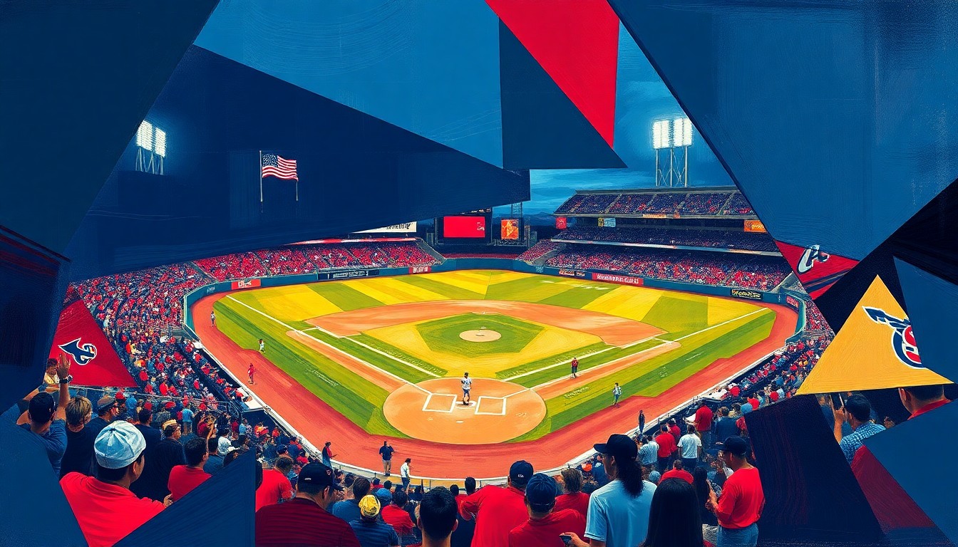 A cubist-style painting depicting a college baseball game, with the players and field broken down into sharp, overlapping geometric shapes in navy blue, garnet red, and gold. The fragmented visual style captures the intensity and energy of the high-stakes matchup.