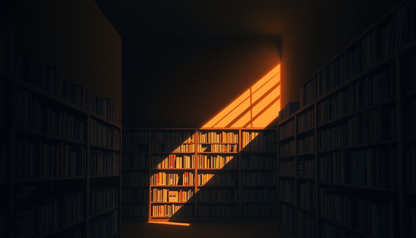 A warm, cinematic painting of a bookshelf in an independent bookstore, with soft lighting and deep shadows, conceptually representing a community space for political organizing.