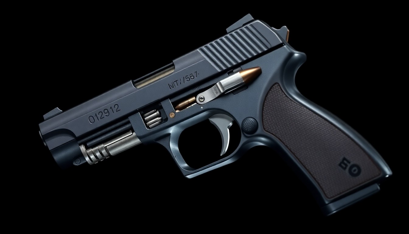 An extreme close-up photograph of the disassembled metal components and mechanisms of a 9mm semi-automatic handgun, lit by a harsh, direct camera flash against a pitch-black background, conceptually illustrating the dangerous nature of illegal firearms.