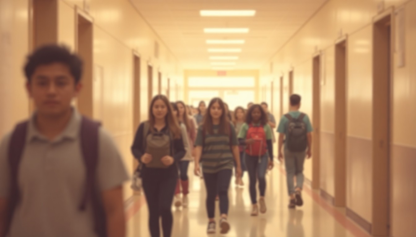 An abstract, impressionistic photograph showing the blurred silhouettes of students walking down a school hallway, with soft, warm lighting and muted colors creating a dreamlike, atmospheric scene.