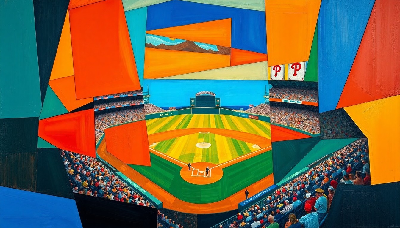 A cubist, geometric painting depicting a baseball game in motion, with overlapping shapes and planes of color representing the players, field, and action.