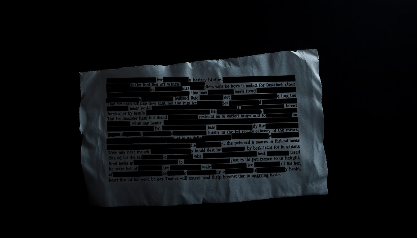 An extreme close-up of a crumpled, torn document with redacted text, conceptually illustrating the covert practices uncovered in a government contracting fraud investigation.