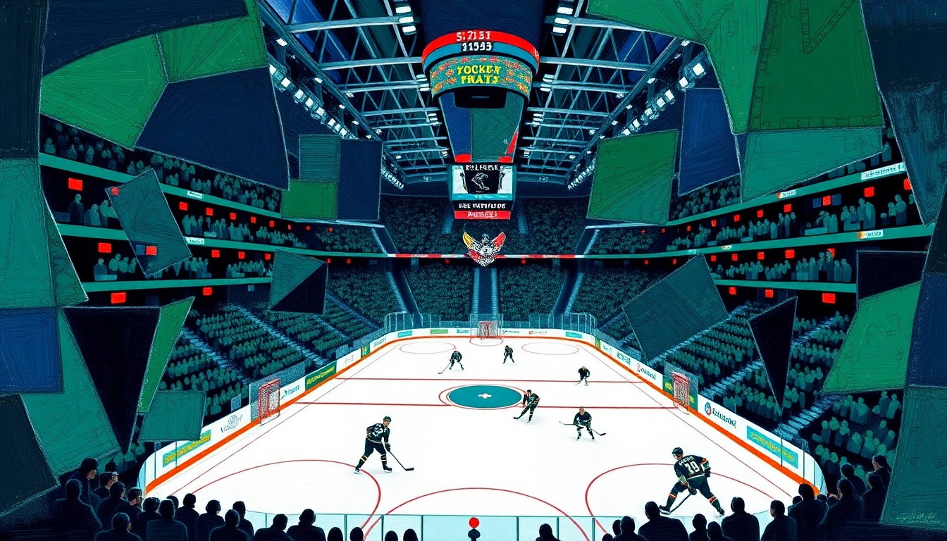 A fractured, geometric painting depicting the movements of hockey players and the architecture of a hockey arena, rendered in bold, angular shapes and a vibrant color palette.