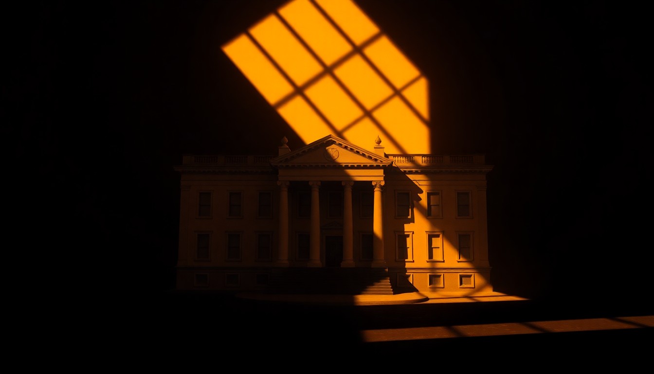 A serene, cinematic painting of a government building or political office space, with warm sunlight casting dramatic shadows across the scene, conceptually representing the political dynamics around transportation issues.