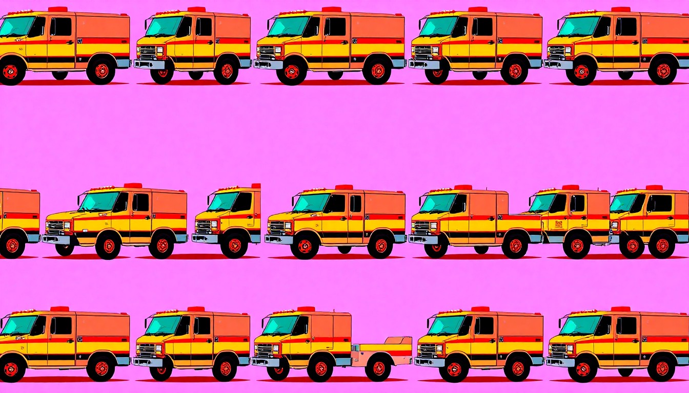 A bold, colorful silkscreen-style illustration featuring a repeating pattern of a bright red fire truck against a vibrant neon background, conceptually representing the modernization of Carrollton's public safety infrastructure.