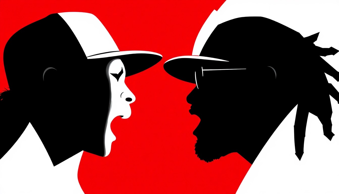 An abstract, minimalist illustration featuring sharp, overlapping black silhouettes against a bold red and white background, conceptually representing the high-energy clash between two rising rap artists.