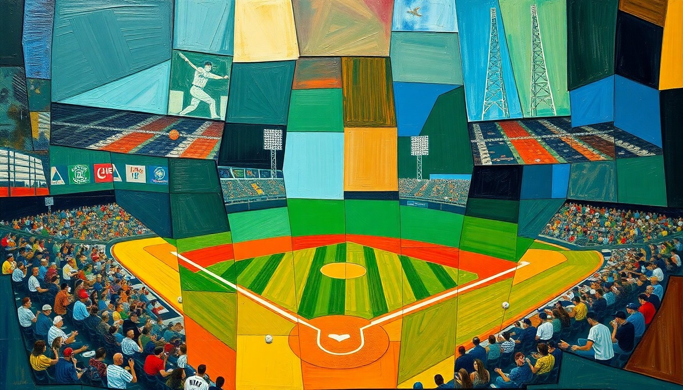 A fractured, multi-perspective painting featuring sharp, overlapping geometric shapes in shades of blue, green, and orange, conceptually representing the action and intensity of a baseball game.