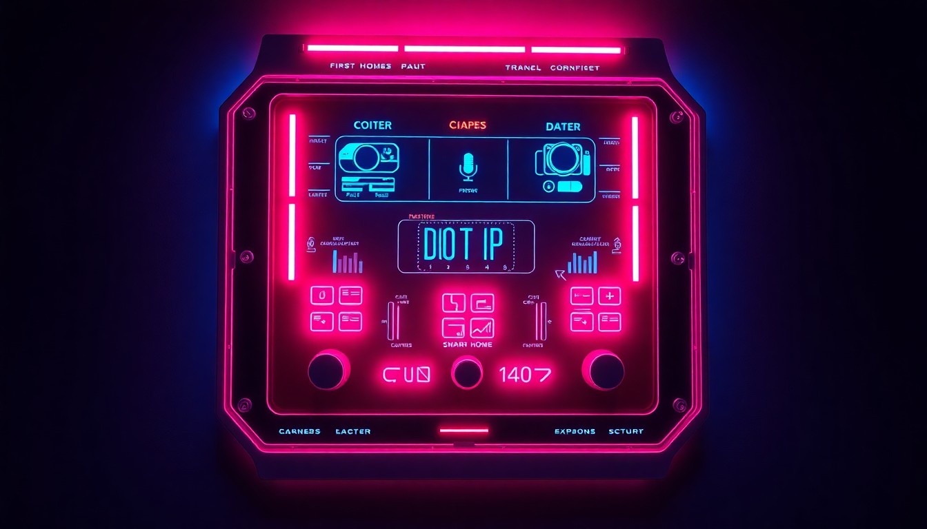 A highly detailed 3D illustration of a futuristic smart home control panel with glowing neon cyan and magenta lights, conceptually representing the expansion of advanced residential technology services in Frisco, Texas.