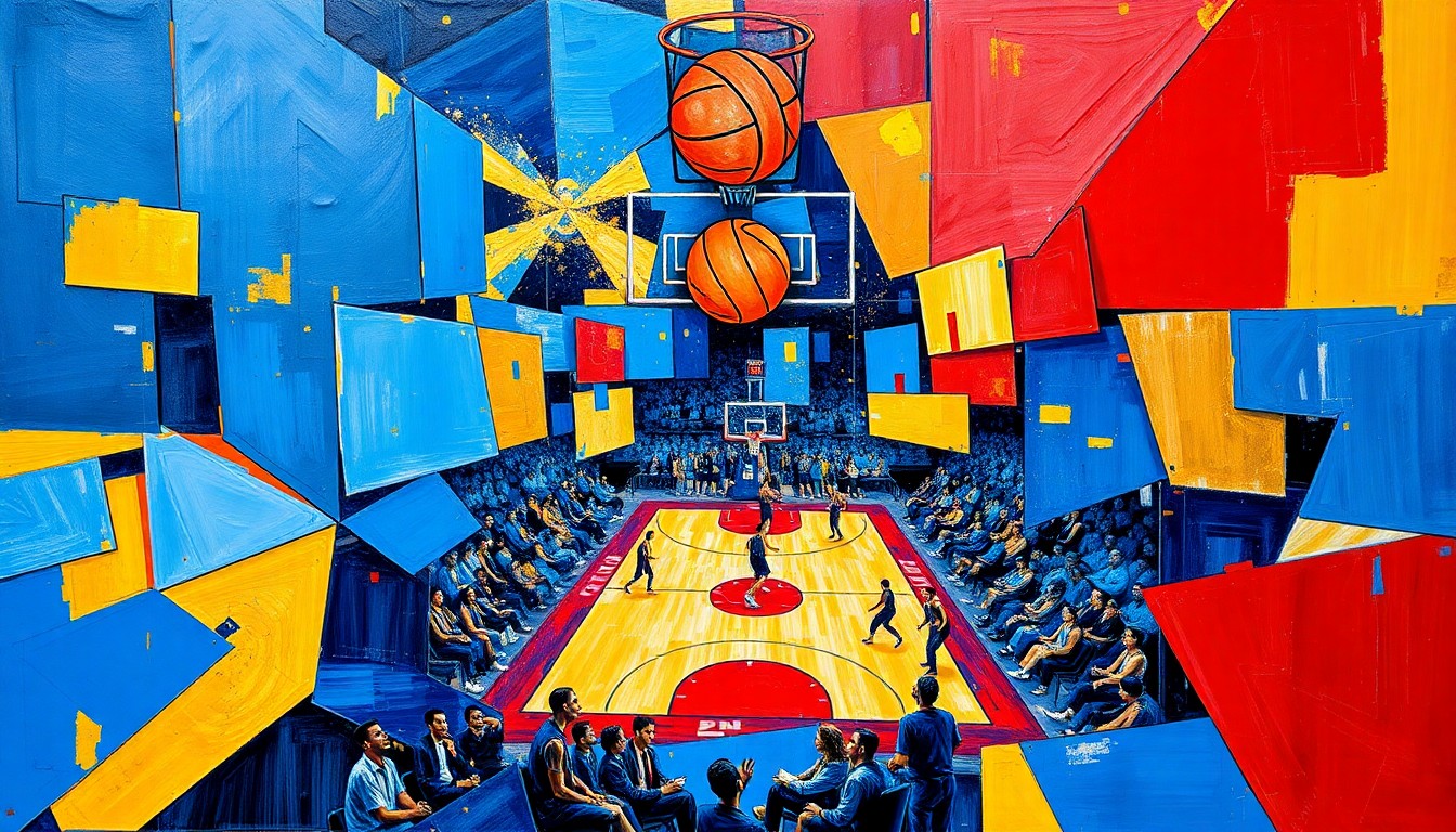 A cubist, fragmented painting depicting the dynamic movements and energy of a basketball game, with sharp geometric shapes in shades of blue, gold, and red conveying the competitive spirit and teamwork inherent in the sport.