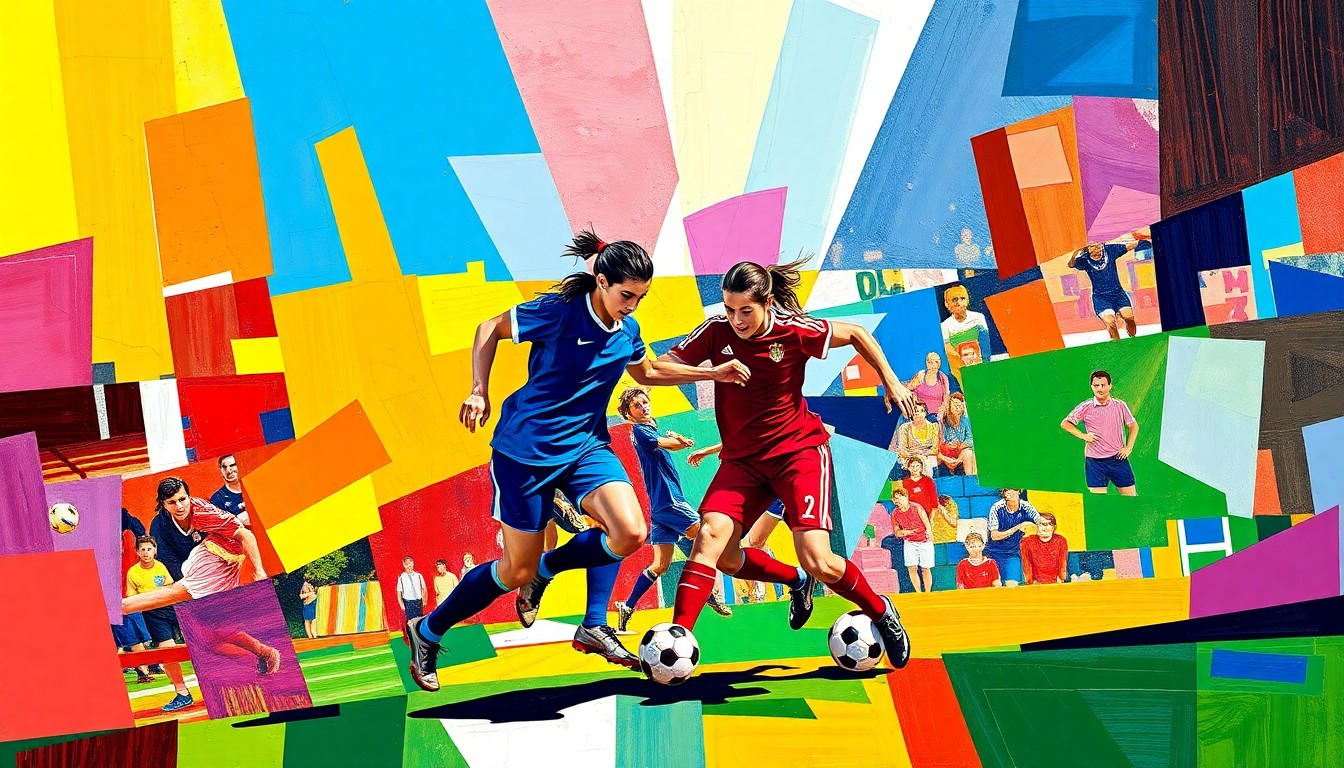 A fractured, cubist-style painting depicting the dynamic movements and energy of a soccer match, with sharp geometric shapes in the official team colors of Plainview High School and Wayland Baptist University.