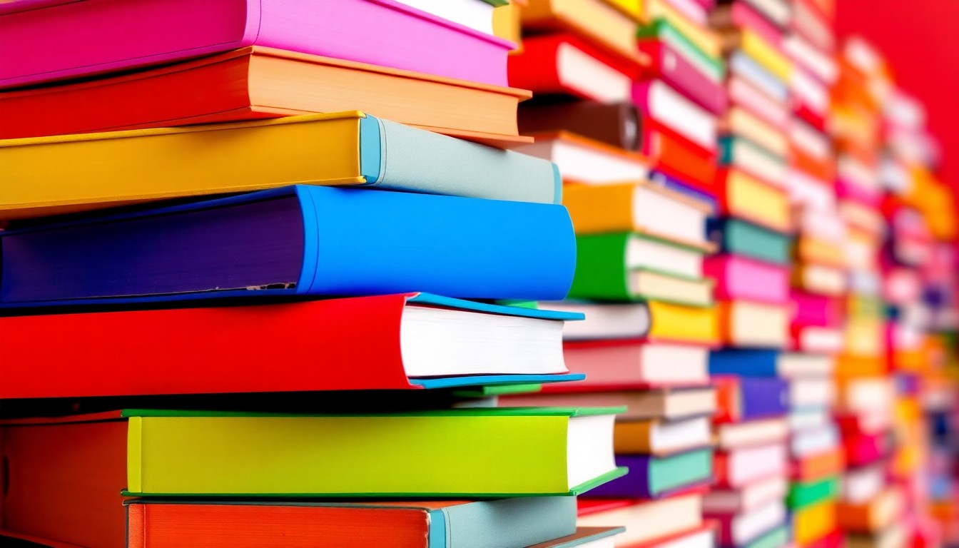 A bold, colorful silkscreen-style illustration featuring a repeating grid pattern of stacked school textbooks in bright neon shades, conceptually representing the importance of school leadership in the Bartlesville community.