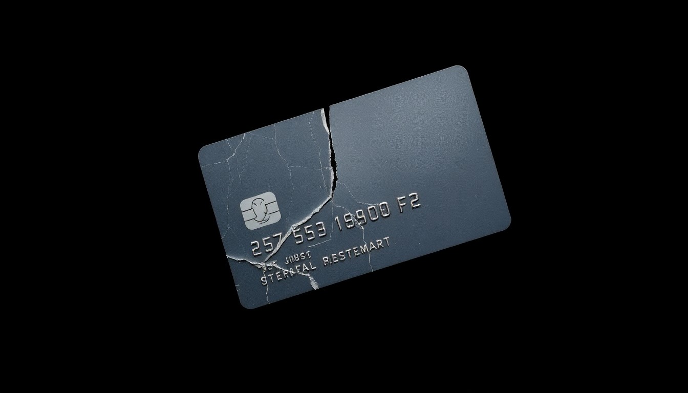 An extreme close-up of a cracked and damaged credit card reflecting a harsh, direct camera flash, conceptually illustrating the impact of fraud on the local community.