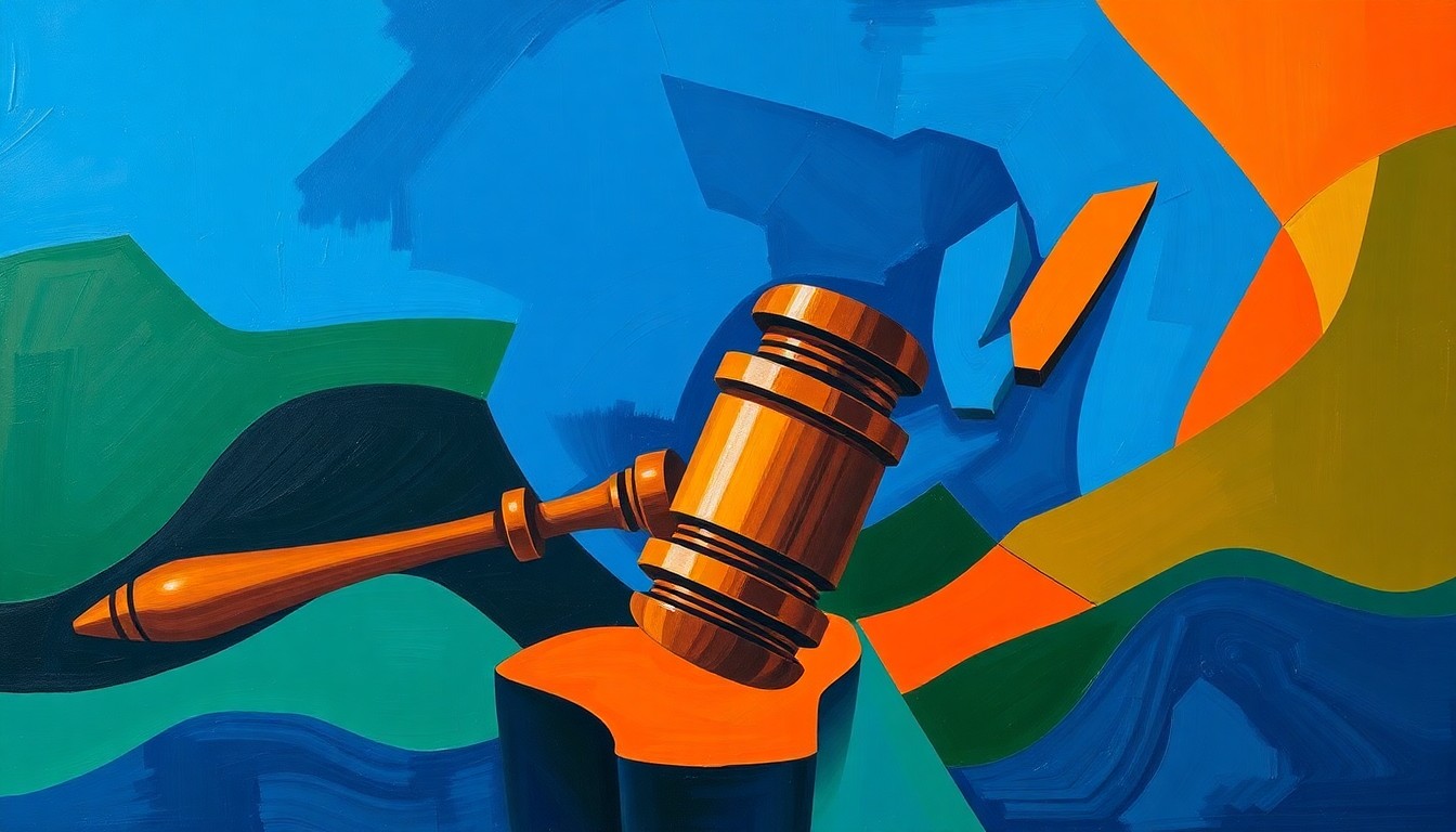 A dynamic, abstract painting in bold, overlapping geometric waves of deep blue, forest green, and burnt orange, depicting the silhouette of a gavel in motion, conceptually representing the shifting power dynamics on the Wisconsin Supreme Court.