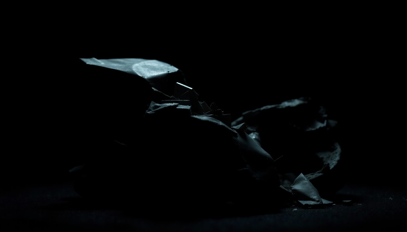 An extreme close-up photograph of a crumpled car part or piece of damaged vehicle debris, lit by a harsh, direct camera flash against a pitch-black background, conceptually illustrating the investigative nature of the insurance fraud case.