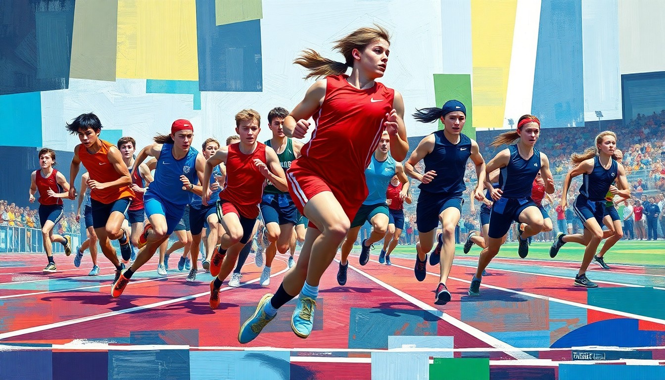 A cubist, geometric painting depicting the dynamic movement and energy of a high school track and field competition, with vibrant colors and overlapping shapes representing the athletes and equipment.